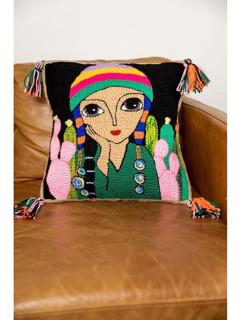 Hand Tufted Pillow Cover: Argentinian Coya Woman, Burlap & Cotton, 16"